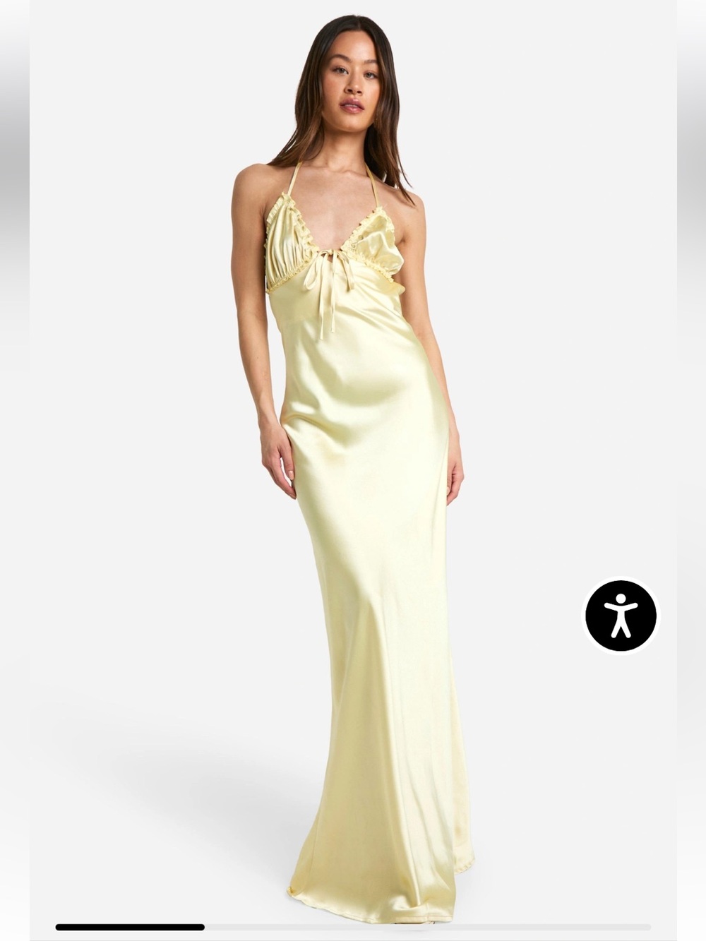 Boohoo Pale Yellow Strapless Satin Maxi Dress with Tie Front